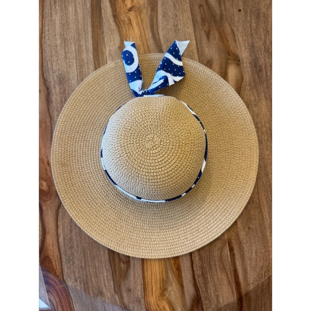 Adrienne Vittadini Tan Paper‎ Straw Sun Hat Navy Blue White Ribbon Rhinestones